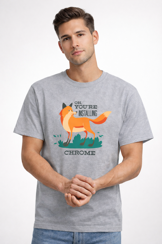 Man wearing a gray t-shirt with a fox graphic and text on a white background