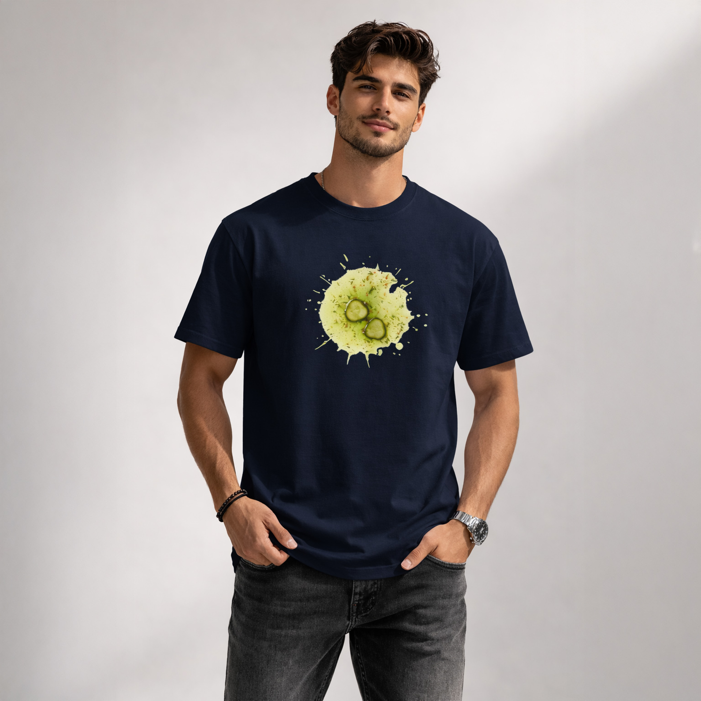 Unisex Classic Crew TShirt Versatile All-Season Casual Shirt with unique graphic design on navy background.