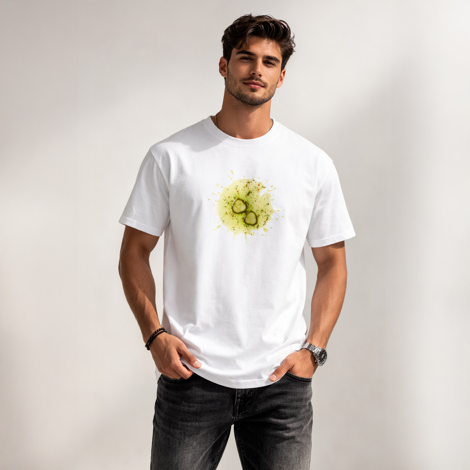 Unisex Classic Crew TShirt Versatile All-Season Casual Shirt worn by a model with green splash design.