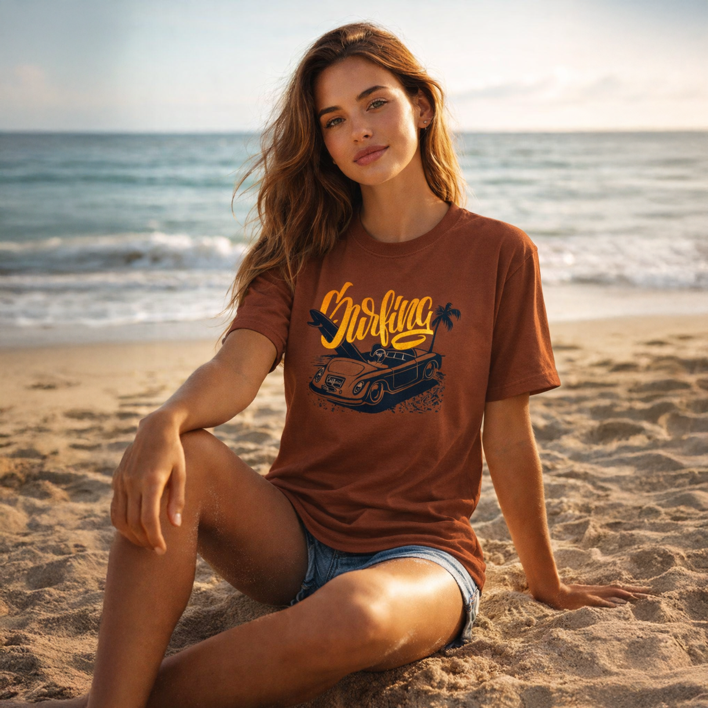Woman sitting on a beach wearing a brown t-shirt with a graphic design.