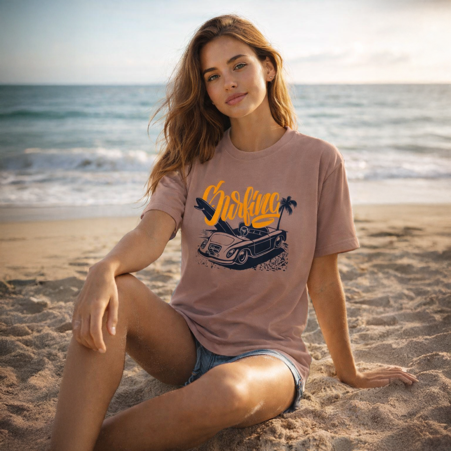 Woman sitting on a beach wearing a t-shirt with a graphic design.