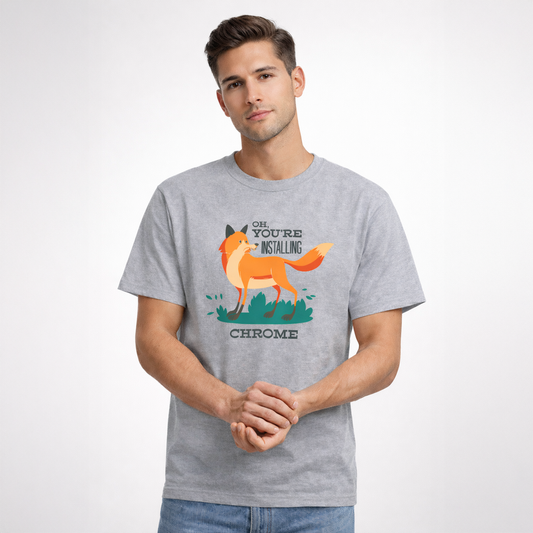 Man wearing a gray t-shirt with a fox graphic and text on a white background