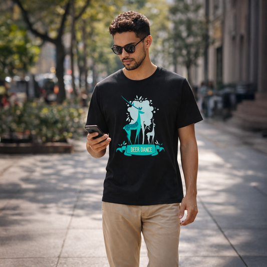 Man wearing a black t-shirt with a graphic design of deer and text 'Deer Dance' while using a phone on a street.