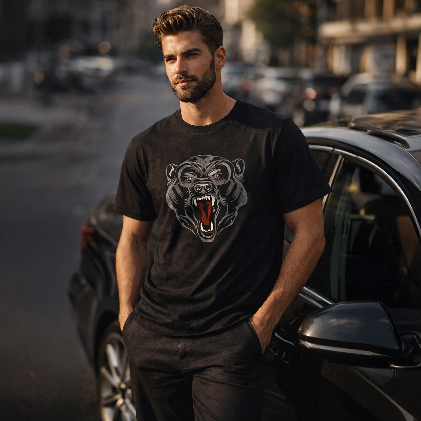 Man wearing a black t-shirt with a graphic design of a panther on a street.