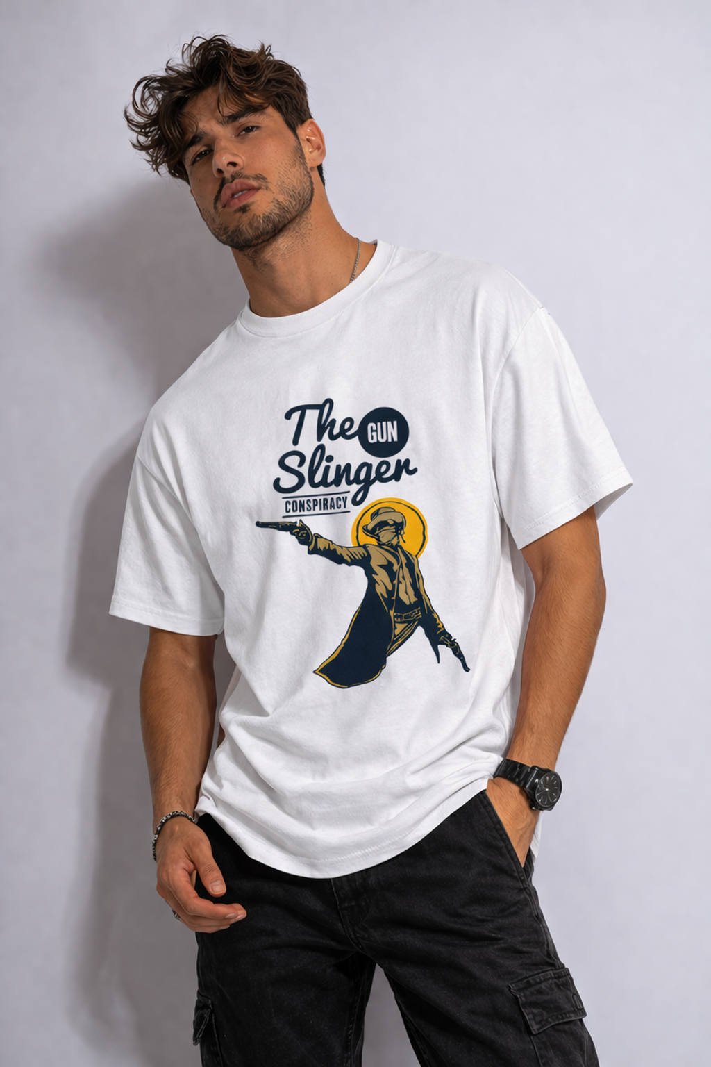 Man wearing a white t-shirt with a graphic design and text against a plain background