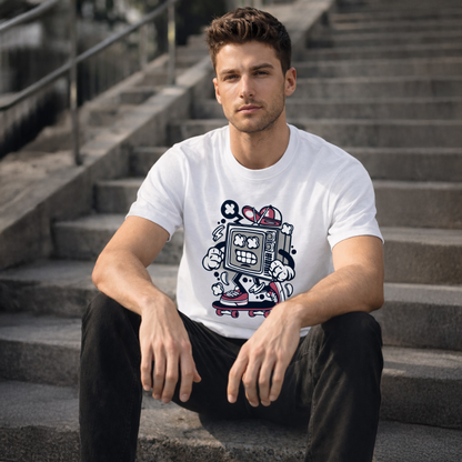 Man wearing a white t-shirt with a robot graphic sitting on steps.