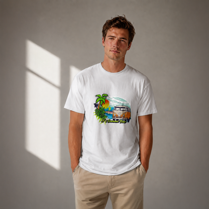 Man wearing a white t-shirt with a colorful graphic design against a neutral background