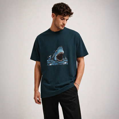 Man wearing a dark green t-shirt with a shark graphic on a light gray background