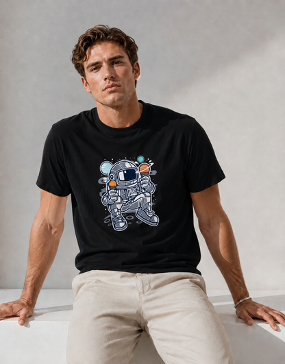 Man wearing a black t-shirt with an astronaut graphic on a plain background