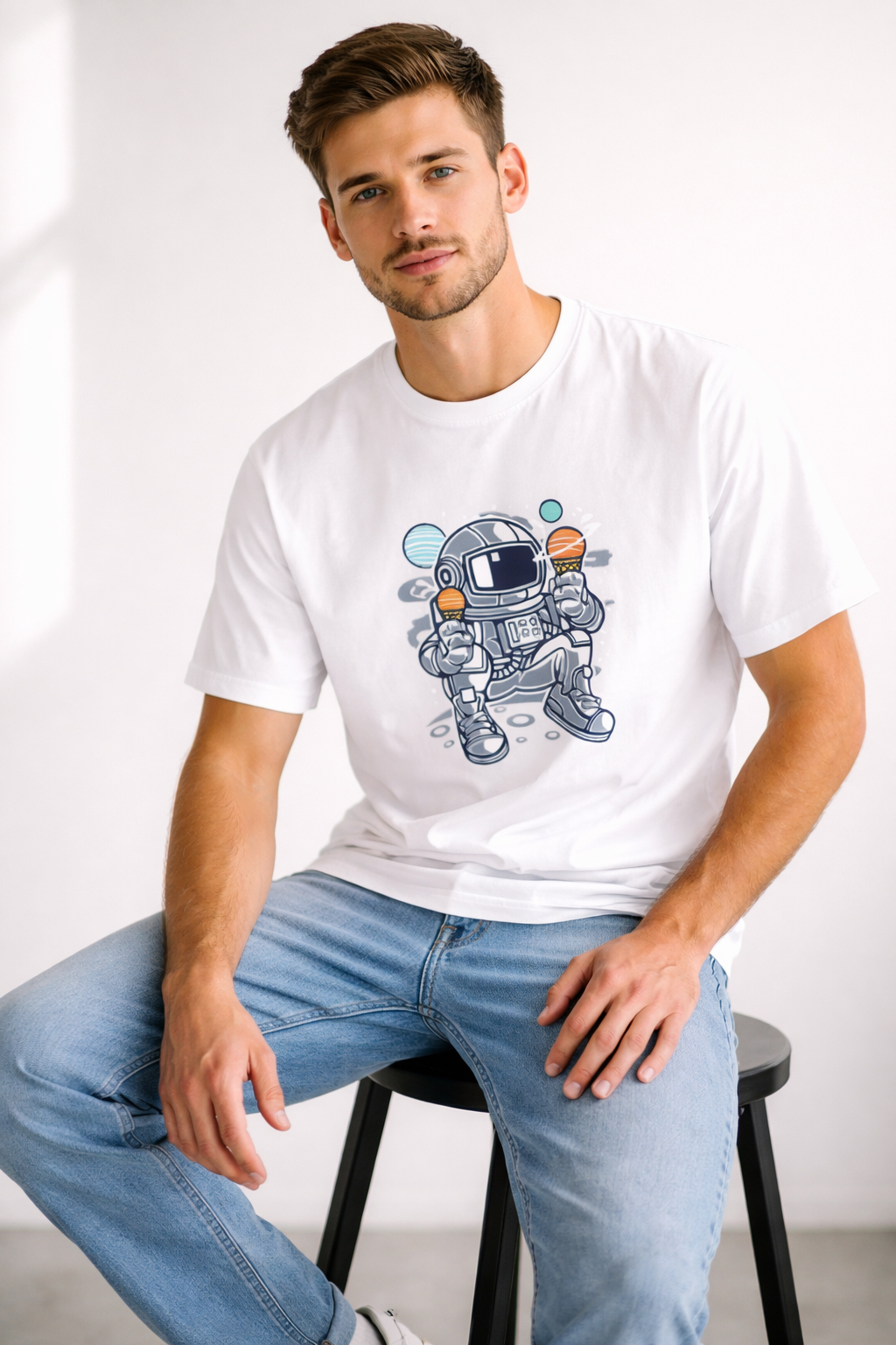 Man wearing a white t-shirt with an astronaut graphic sitting on a stool against a plain background