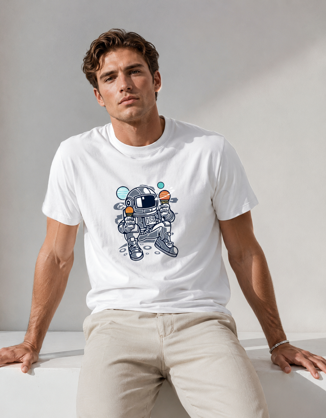 Man wearing a white t-shirt with a robot design on a plain background