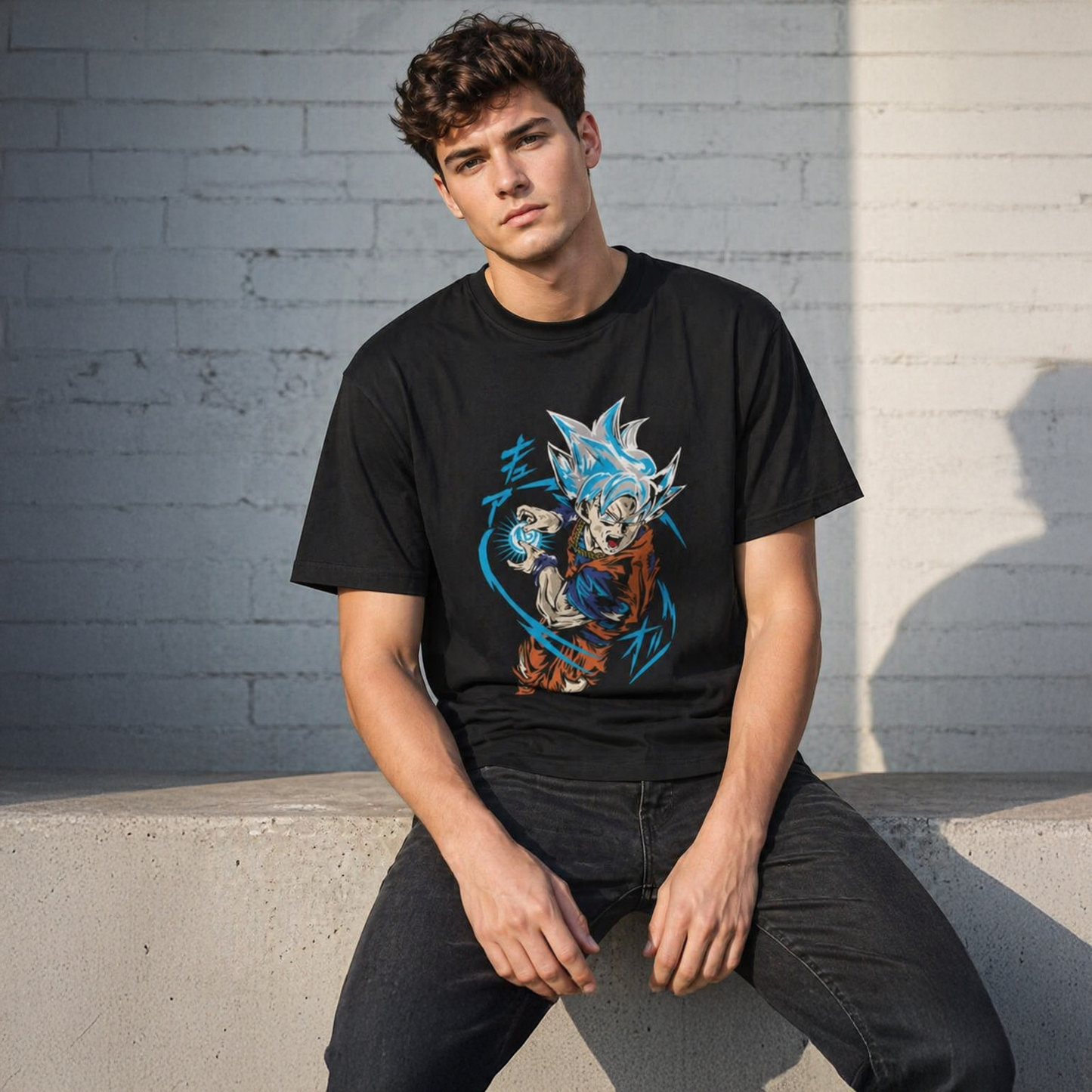 Person wearing a black t-shirt with a graphic design sitting against a brick wall.