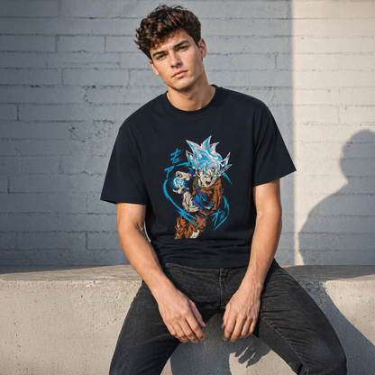Man wearing a Navy Blue t-shirt with a graphic design sitting against a gray brick wall.