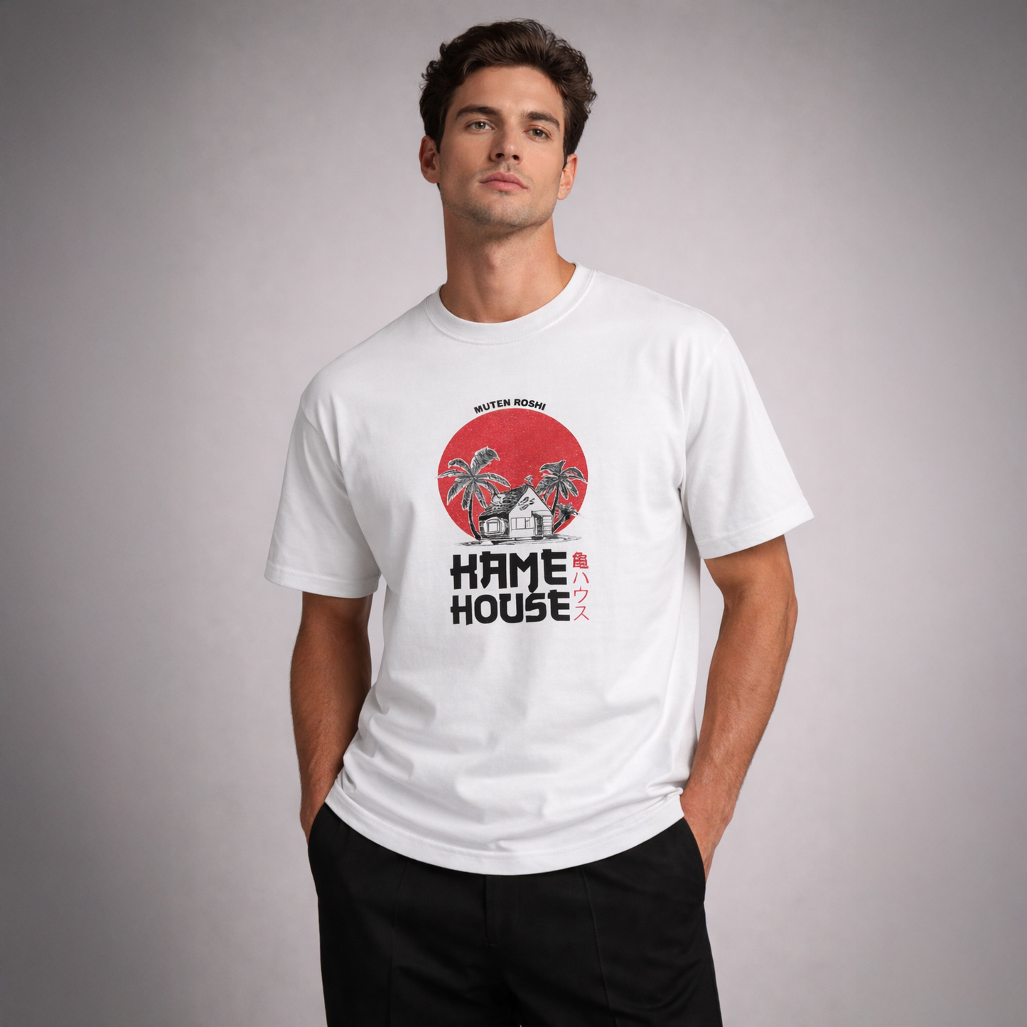 Man wearing a white t-shirt with 'Home House' graphic design on a gray background