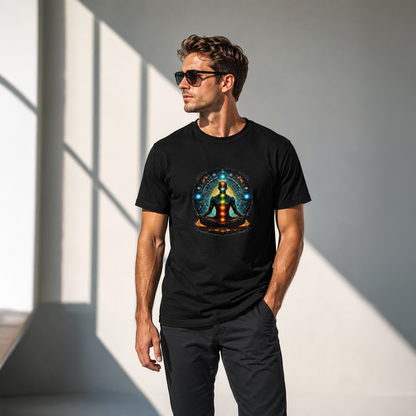 Man wearing a black t-shirt with a colorful graphic design against a light gray background