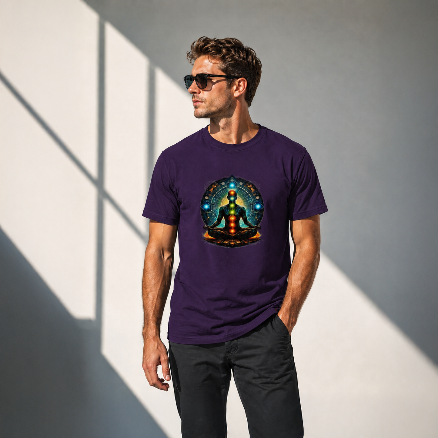 Man wearing a purple t-shirt with a colorful graphic design against a light gray background