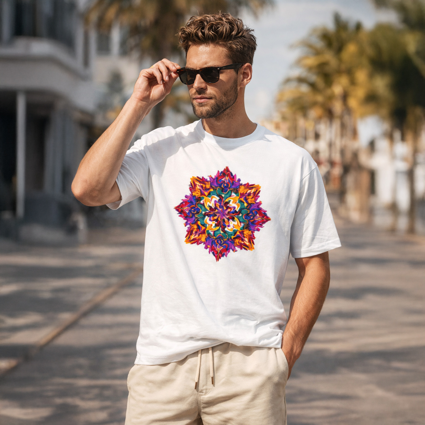 Man wearing a white t-shirt with a colorful flower design outdoors.