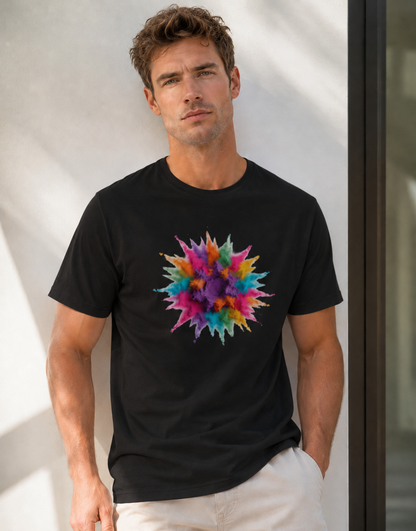 Man wearing a black t-shirt with a colorful abstract design outdoors.