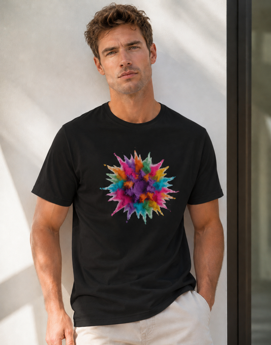 Man wearing a black t-shirt with a colorful abstract design outdoors.
