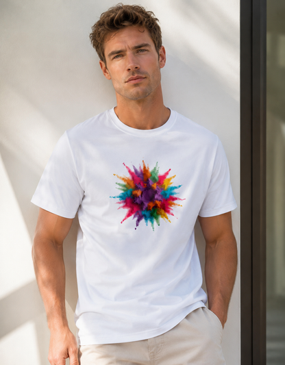 Man wearing a white t-shirt with a colorful abstract design outdoors.