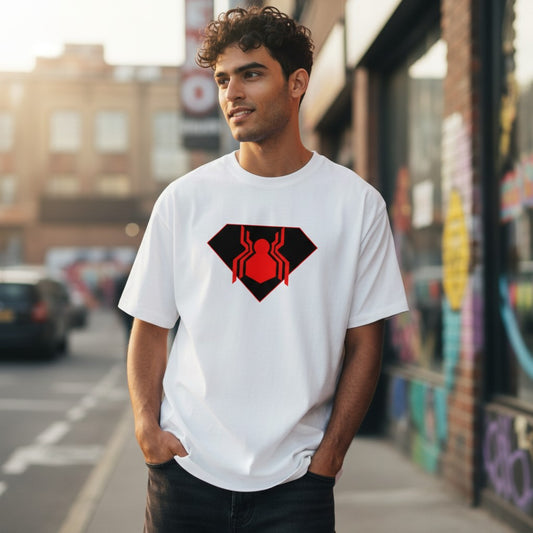 Men's White Graphic T-Shirt – Geometric Spider Shield | Unisex Classic Crew T-Shirt
