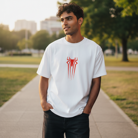Minimalist Elongated Spider Print White Cotton Tee | Unisex Classic Crew T-Shirt