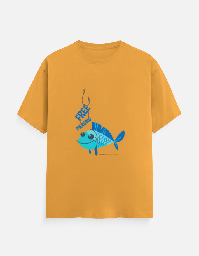 Unisex Classic Crew T-Shirt yellow 100% cotton 180 GSM with blue fish graphic, Unisex cotton t-shirts with various genz designs