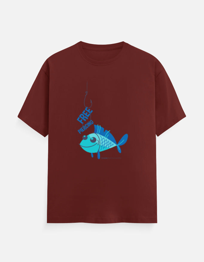 Alt Tag: Unisex Classic Crew T-Shirt maroon tee with blue "Free Friend" fish graphic, unisex cotton t-shirts with various genz designs