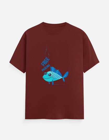 Alt Tag: Unisex Classic Crew T-Shirt maroon tee with blue "Free Friend" fish graphic, unisex cotton t-shirts with various genz designs