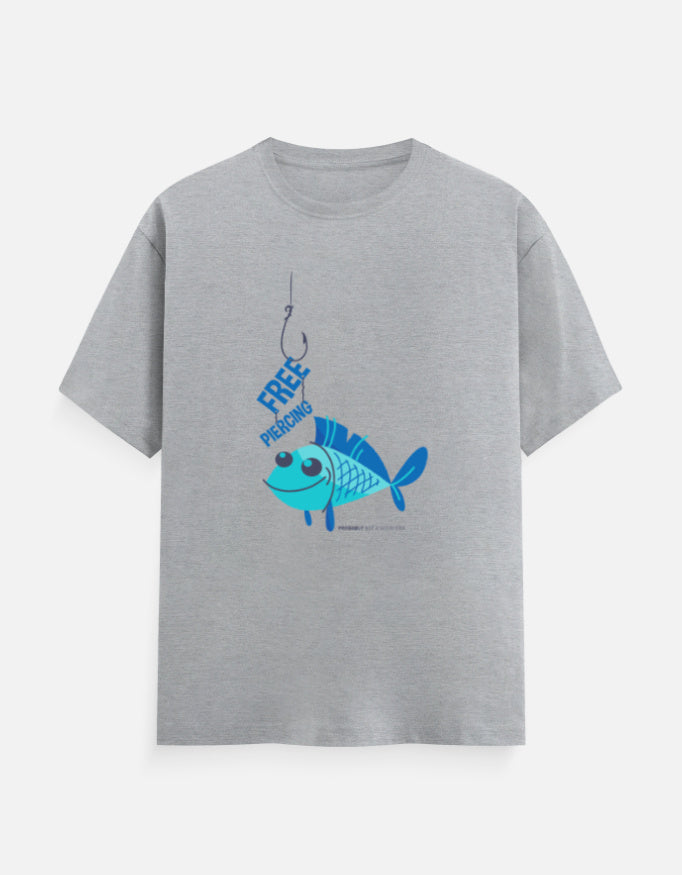 Alt Tag: Unisex Classic Crew T-Shirt grey 100% cotton tee with blue fishing graphic, unisex cotton t-shirts with various genz designs