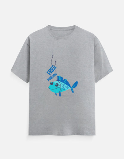 Alt Tag: Unisex Classic Crew T-Shirt grey 100% cotton tee with blue fishing graphic, unisex cotton t-shirts with various genz designs