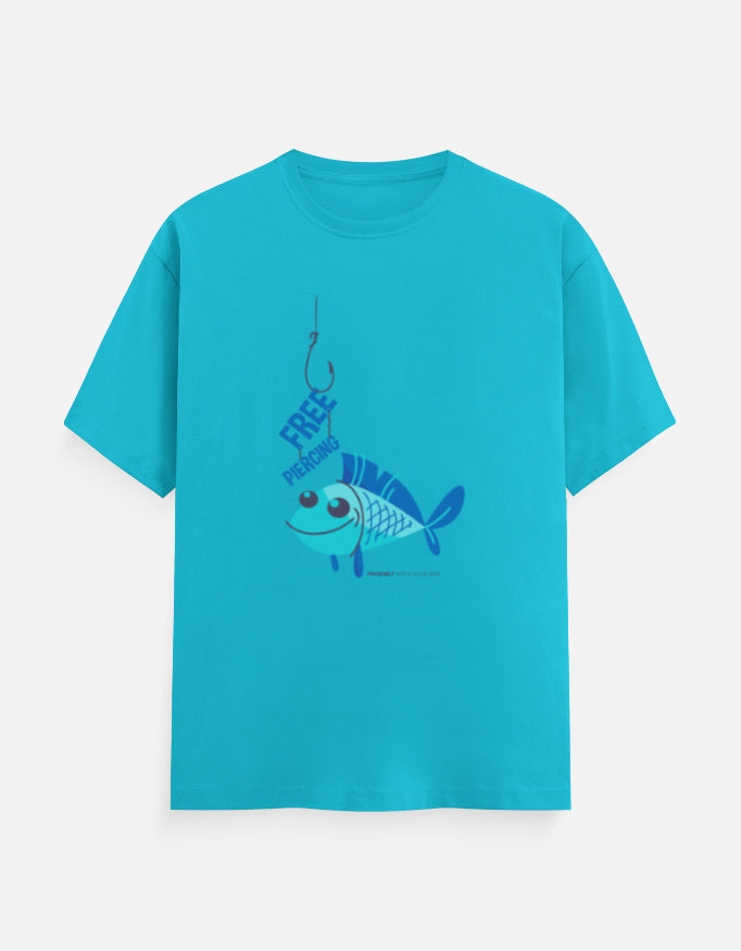 Unisex Classic Crew T-Shirt aqua blue 100% cotton tee with genz fish graphic, unisex cotton t-shirts with various genz designs