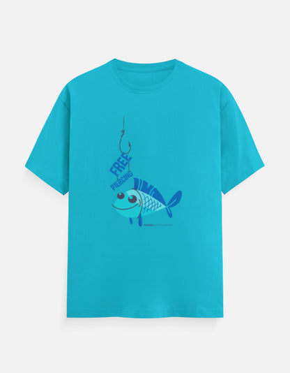 Unisex Classic Crew T-Shirt aqua blue 100% cotton tee with genz fish graphic, unisex cotton t-shirts with various genz designs