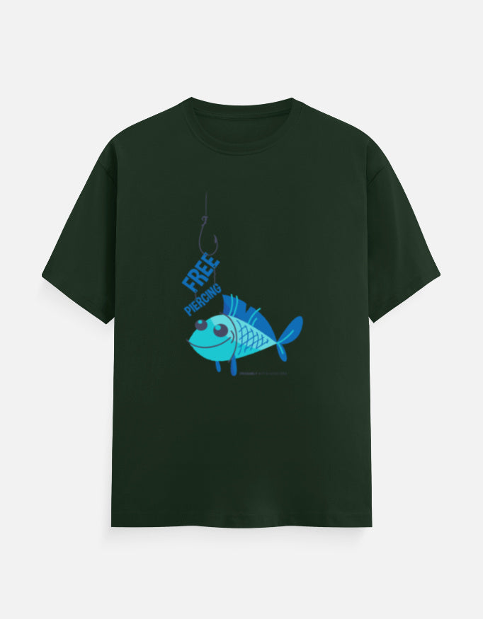 Unisex Classic Crew T-Shirt dark green with blue fish graphic, unisex cotton t-shirts with various genz designs, 100% cotton 180 GSM